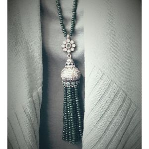 Genuine Emerald & Swarovski Crystal 30" bead Turkish tassel necklace Gorgeous!